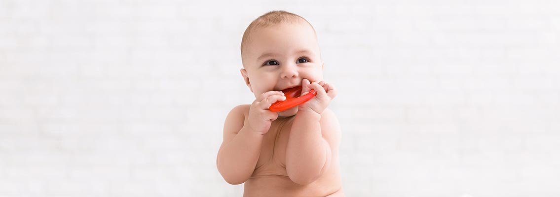 Baby beißt auf Beissring mit Milchzähnen